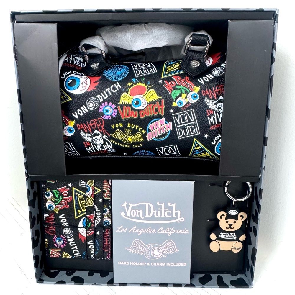 NIB Von Dutch Set - Black Jax All Over Hanna Cardholder & Charm